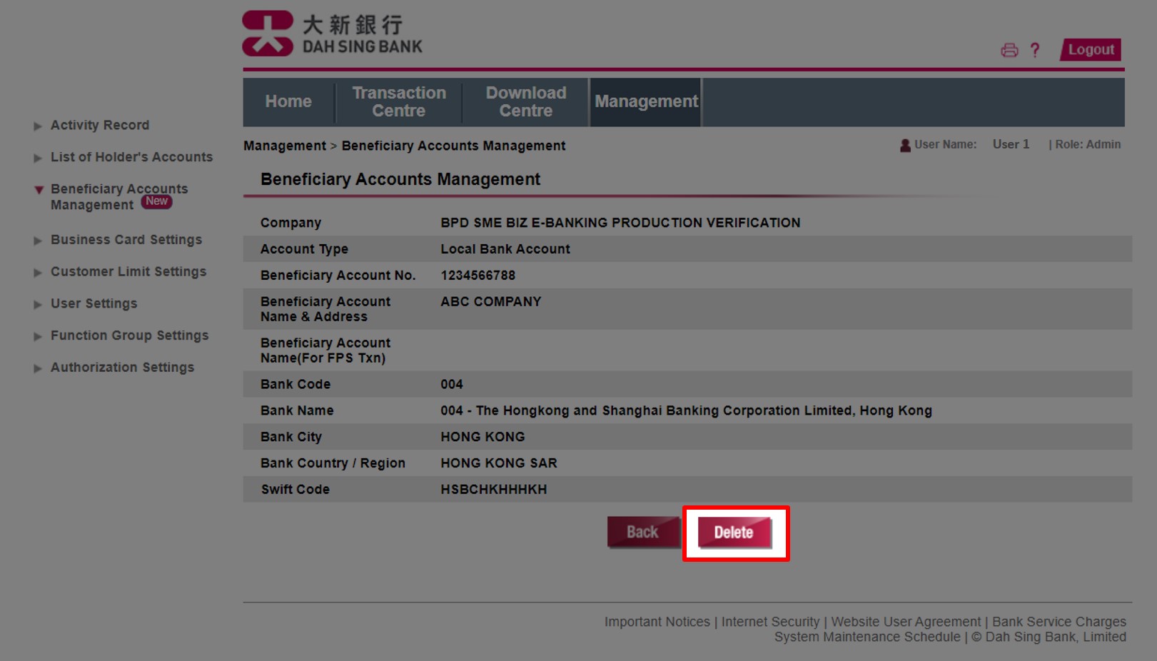 View the details of the beneficiary account or click Delete to delete the beneficiary account.