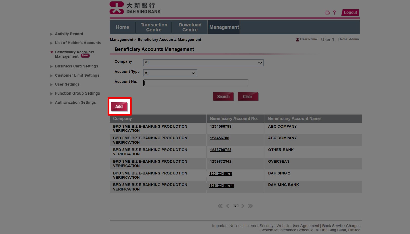 If your company would like to add beneficiary account, click Add.