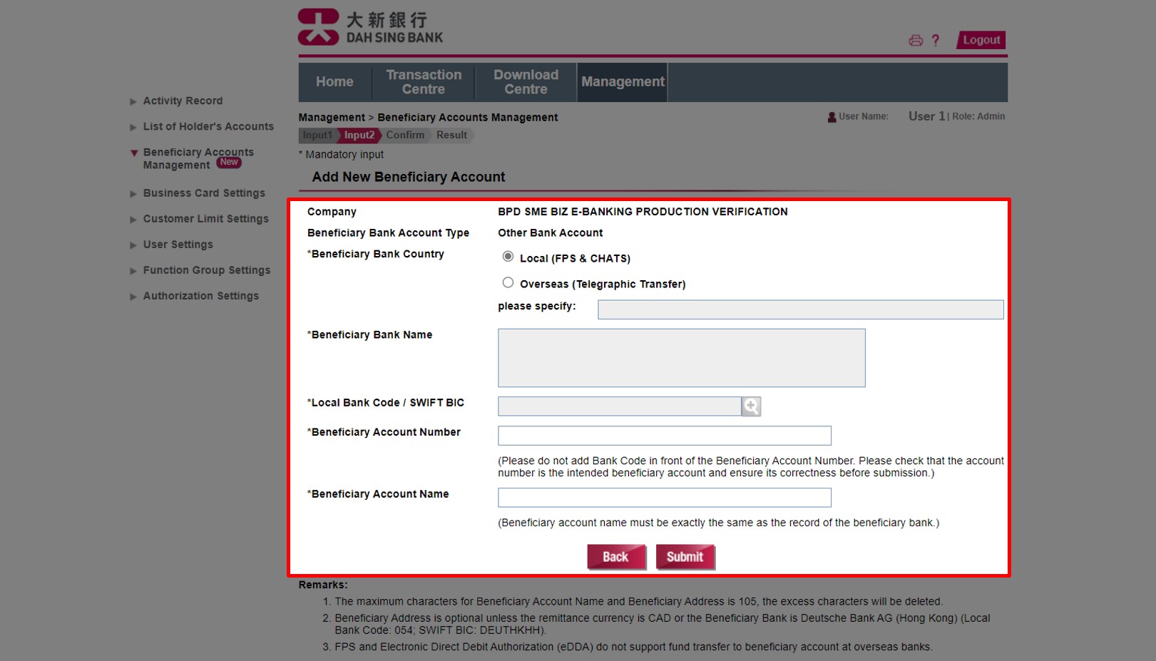 Add Other Bank Account: Select the Country and Local Bank Code / SWIFT BIC, and then enter the account number and name of the account to be added.  After entering all the details, click Submit.