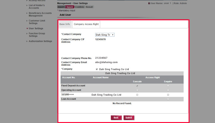 Select User's Company Access Right. Then click Submit.